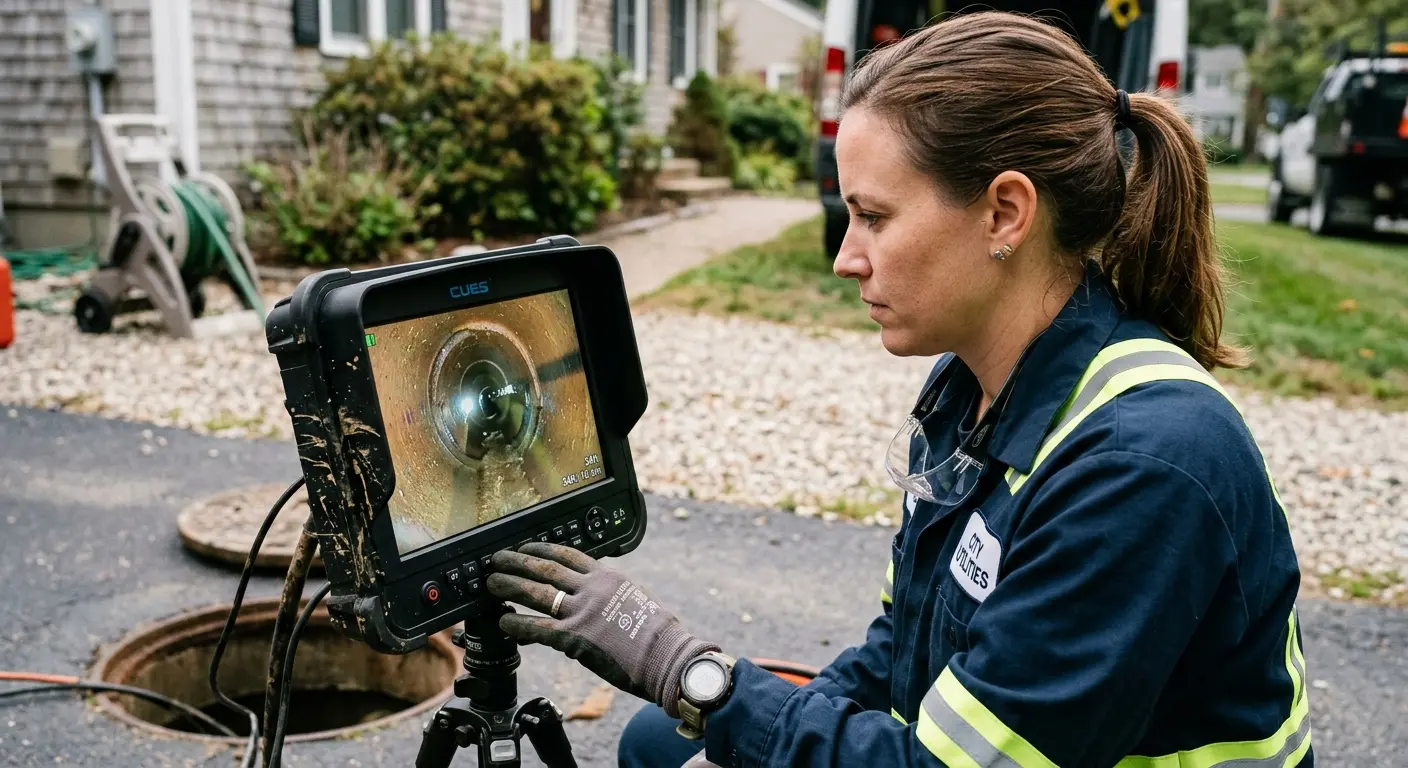 Technician reviewing sewer camera inspection footage in Hunters Creek