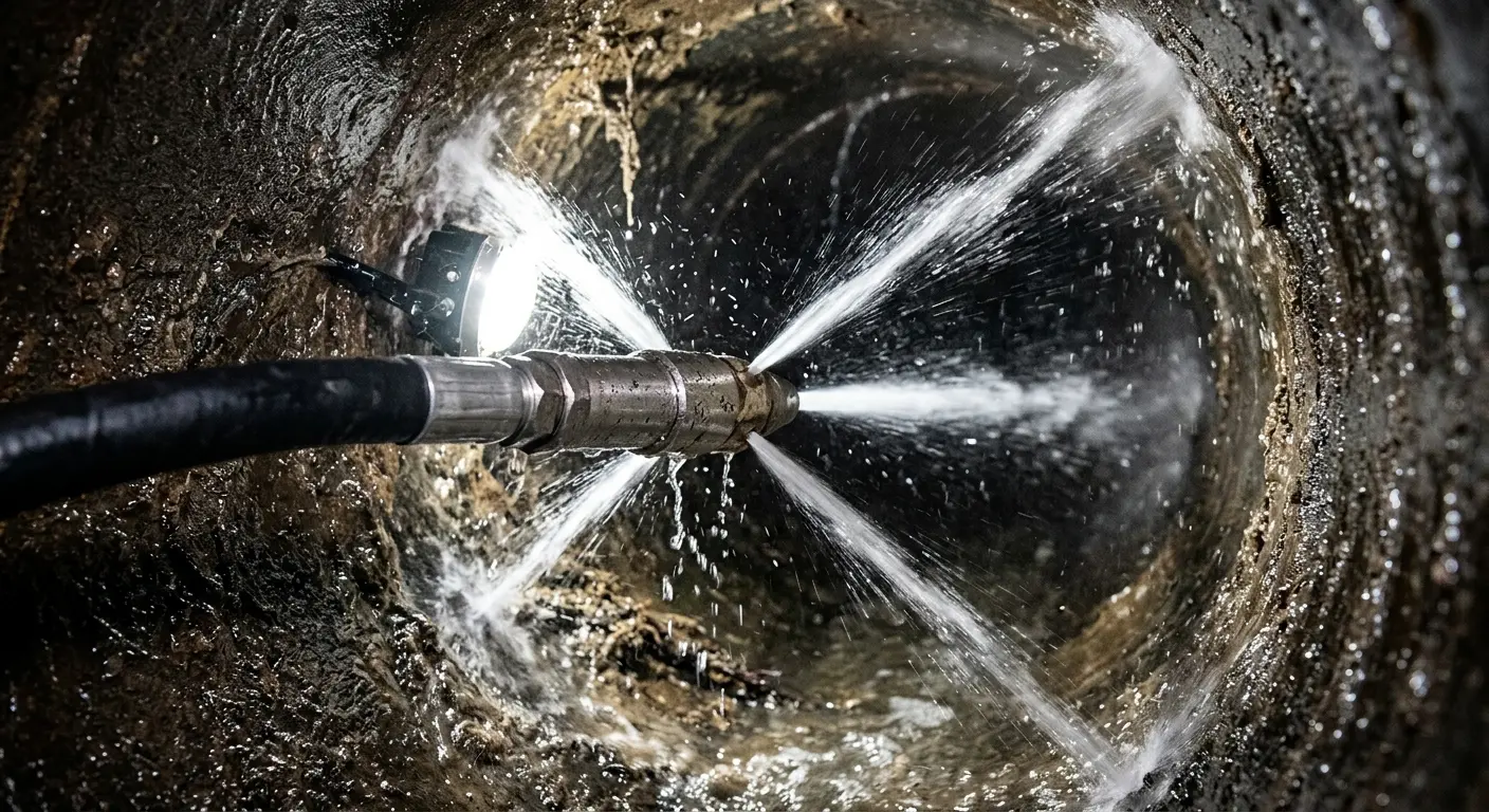 High-pressure hydro jetting nozzle cleaning sewer pipe for Trenchless Sewer Repair in Hunters Creek