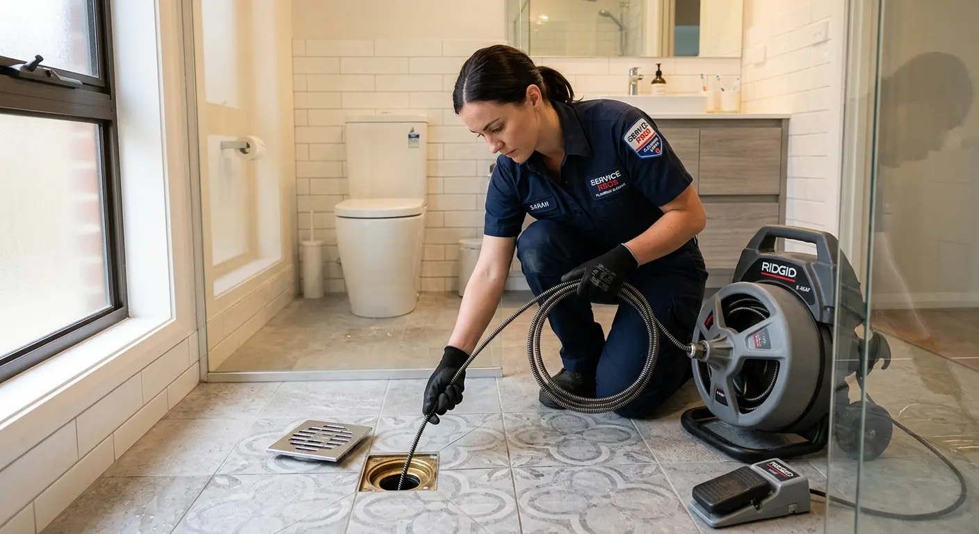 Technician clearing a bathroom floor drain for Hydro Jetting in Hunters Creek